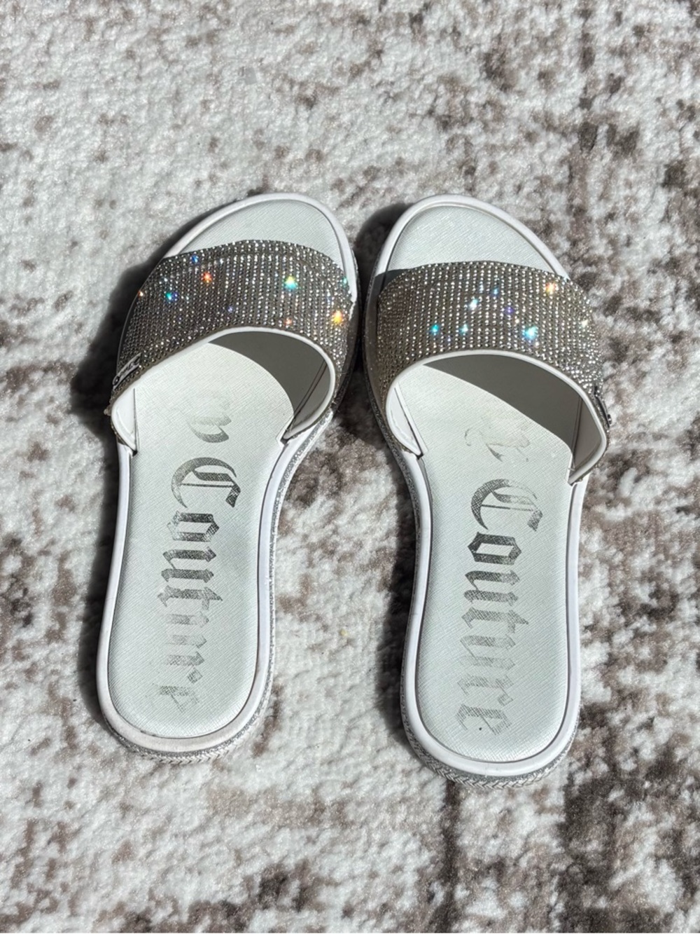 Y2K Juicy Couture Yippy White Slide Sandals with Silver Crystal Rhinestones - Picture 2 of 12